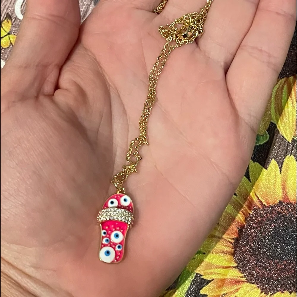 NEW 14k Pink Evil Eye Sandal Necklace - Picture 2 of 3